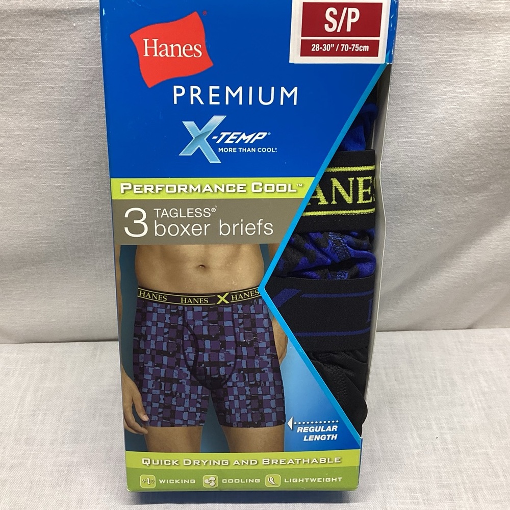 HANES PREMIUM X-TEMP MEN’S BOXER BRIEFS REGULAR LENGTH 3 PACK SIZE: SMALL 28-30”
